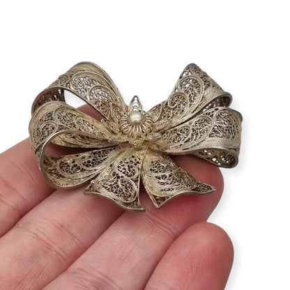 Broche vintage en forma de lazo filigrana portuguesa plata sterling circa
