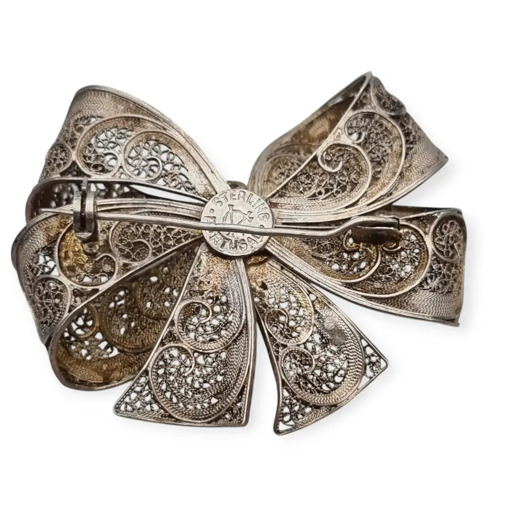 Broche vintage en forma de lazo filigrana portuguesa plata sterling circa