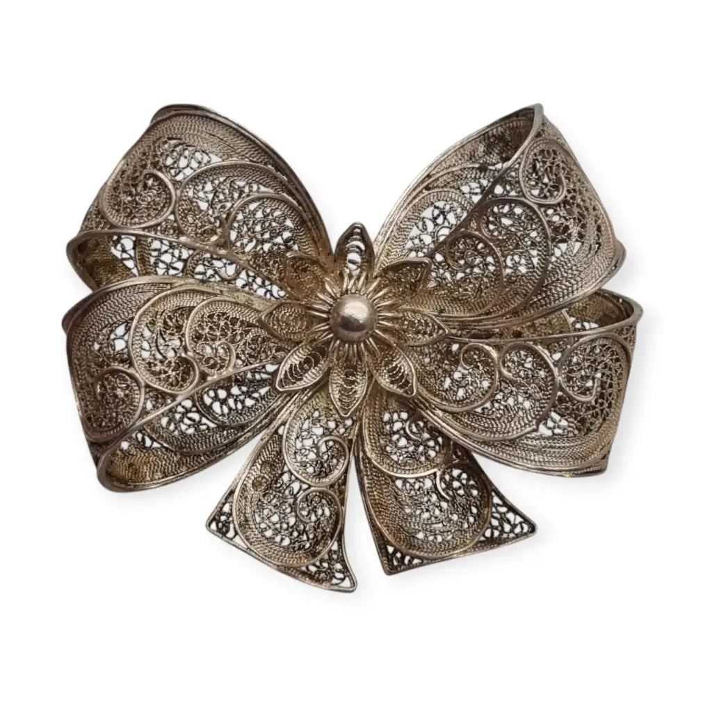 Broche vintage en forma de lazo filigrana portuguesa plata sterling circa