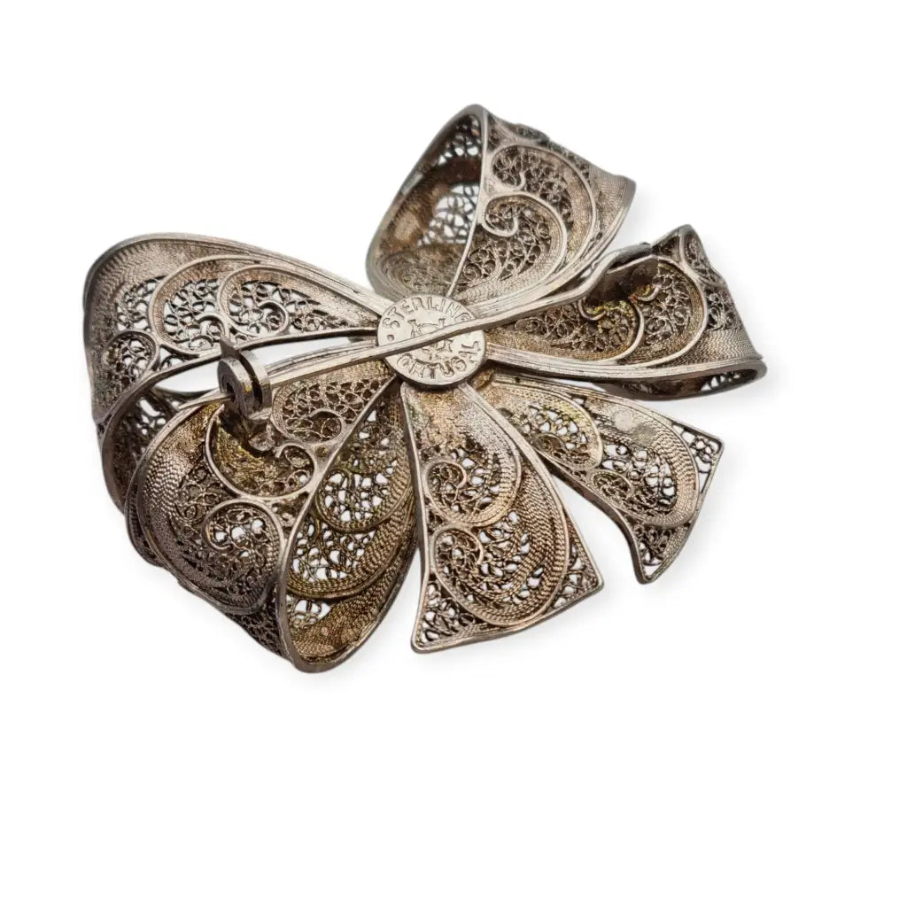 Broche vintage en forma de lazo filigrana portuguesa plata sterling circa