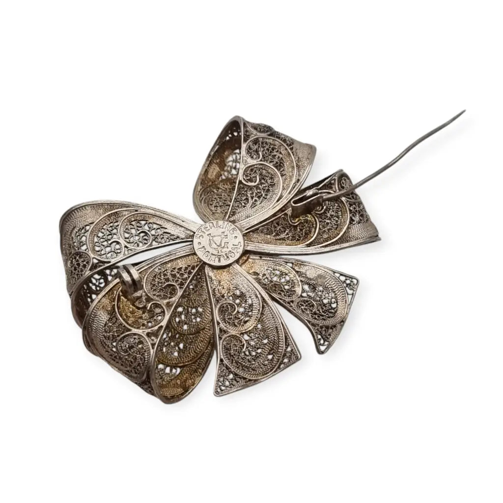 Broche vintage en forma de lazo filigrana portuguesa plata sterling circa