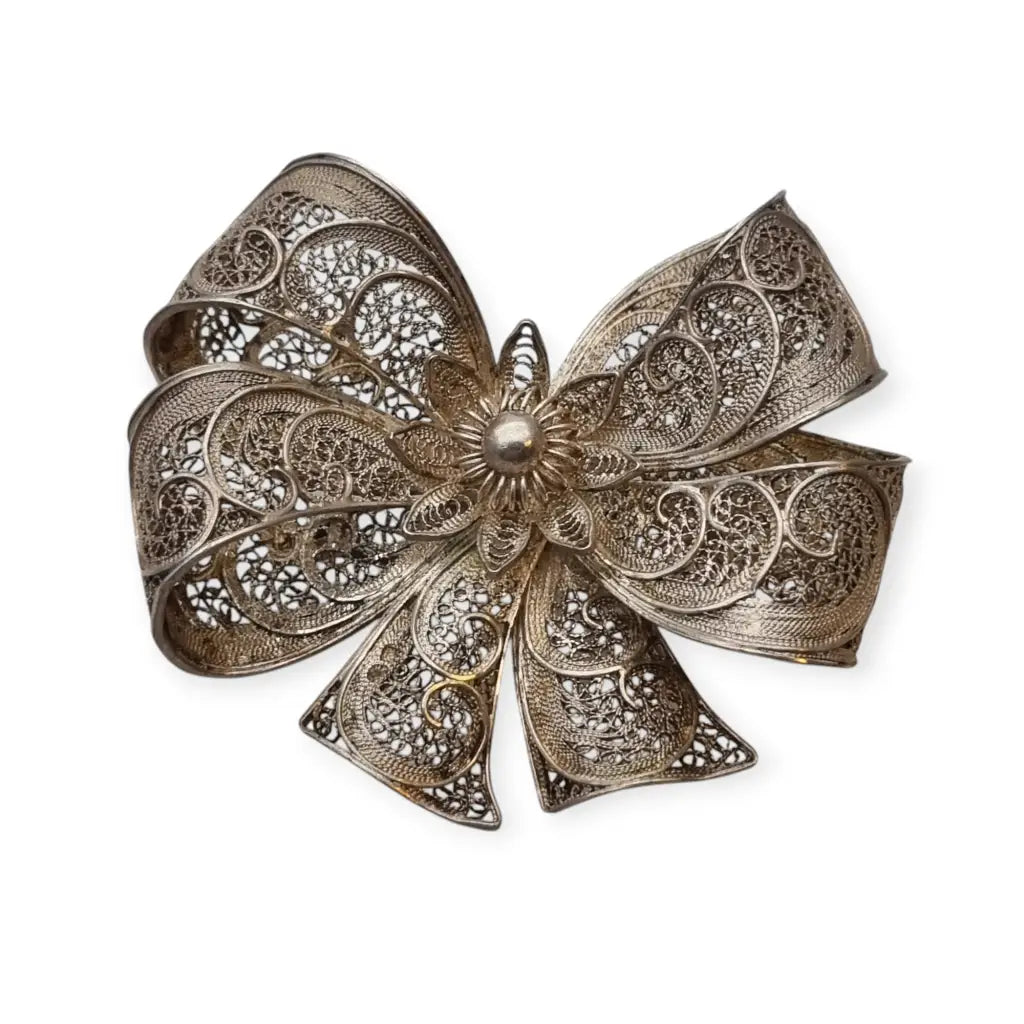 Broche vintage en forma de lazo filigrana portuguesa plata sterling circa