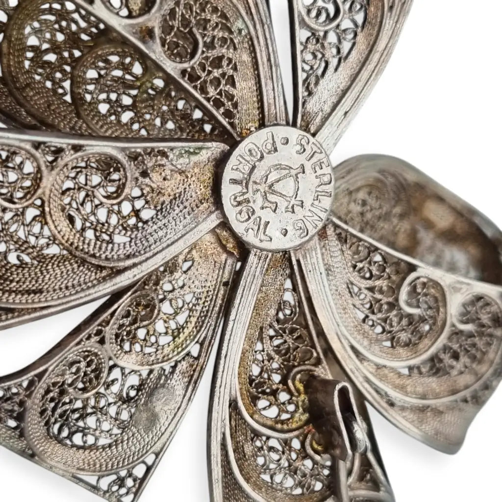 Broche vintage en forma de lazo filigrana portuguesa plata sterling circa