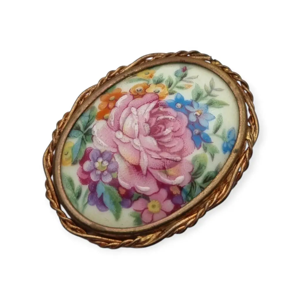 Broche vintage limoges francia porcelana pintada a mano con flores montura