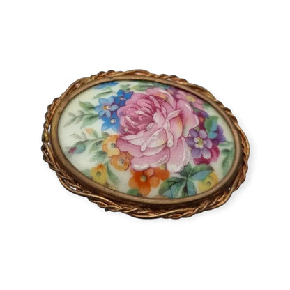 Broche vintage limoges francia porcelana pintada a mano con flores montura