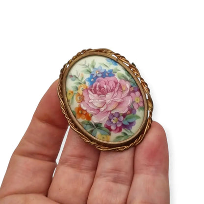 Broche vintage limoges francia porcelana pintada a mano con flores montura