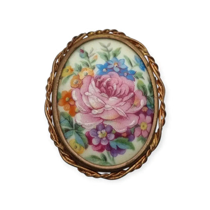 Broche vintage limoges francia porcelana pintada a mano con flores montura