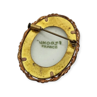 Broche vintage limoges francia porcelana pintada a mano con flores montura