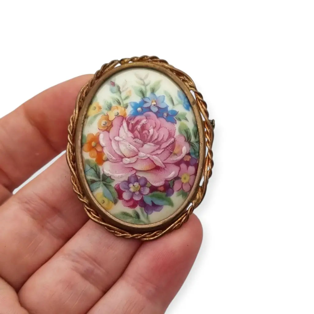 Broche vintage limoges francia porcelana pintada a mano con flores montura