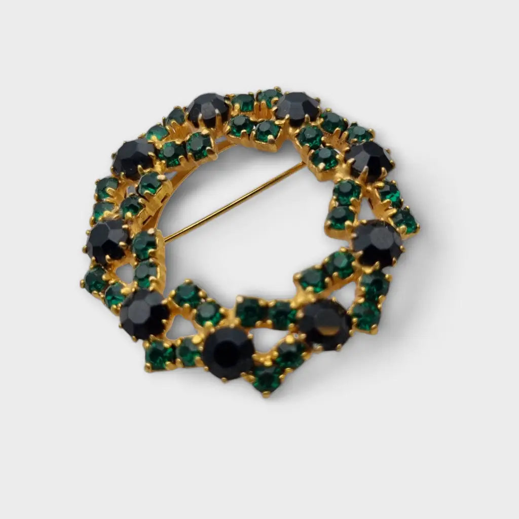 Broche vintage redondo de brillantes diamantes verdes y negros. Regalos retro