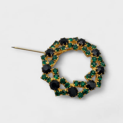 Broche vintage redondo de brillantes diamantes verdes y negros. Regalos retro