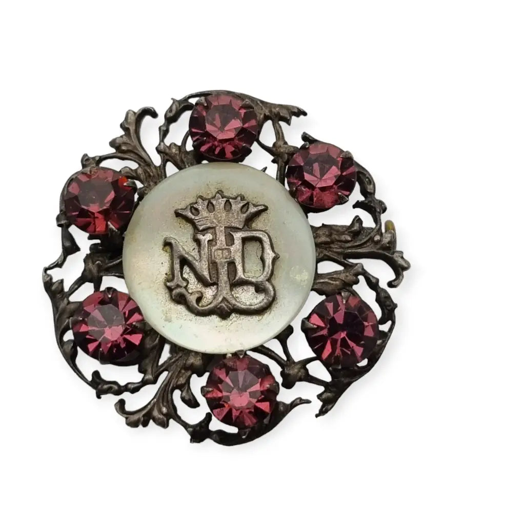 Broche antiguo de nácar con monograma ND coronado vintage francés 1900.