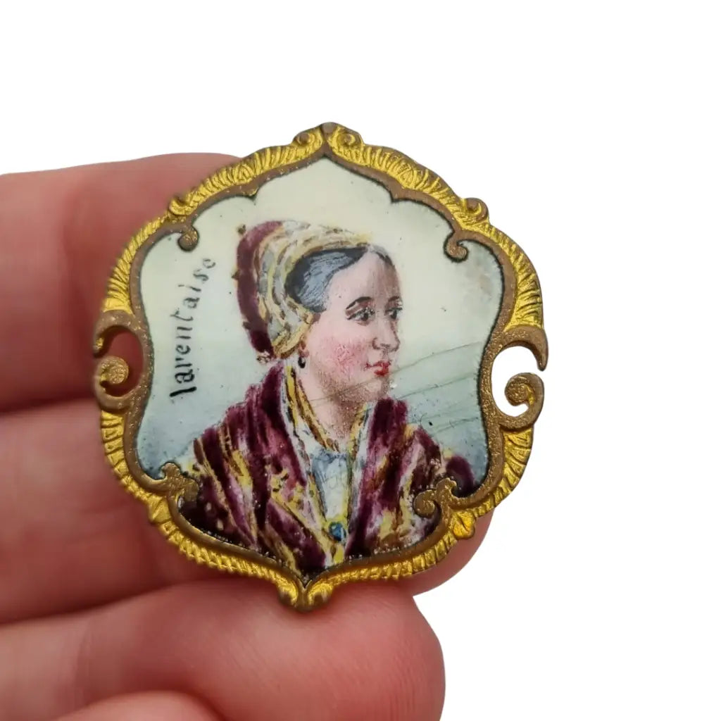 Broche francés de dama en metal dorado y esmaltado firmado Tarentaise 1900.