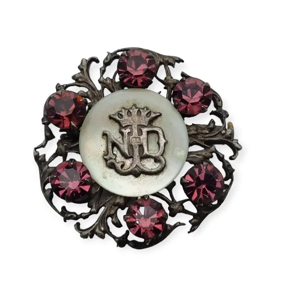 Broche antiguo de nácar con monograma ND coronado vintage francés 1900.