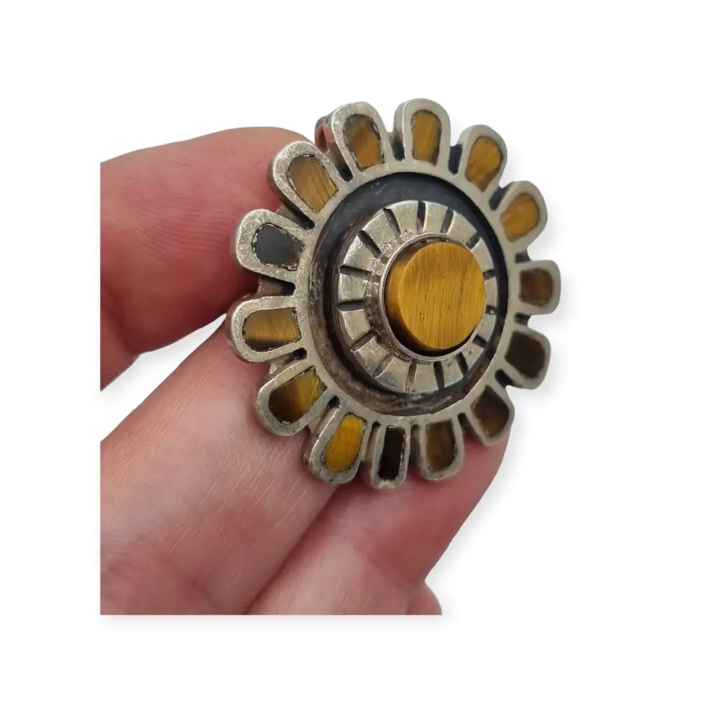 Broche Cecilia Toño de Plata y Ojo Tigre Colgante flor sol nº 100 Mexico.