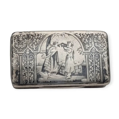 Caja antigua de rapé en plata y niello con escena orientalista grabada. Circa