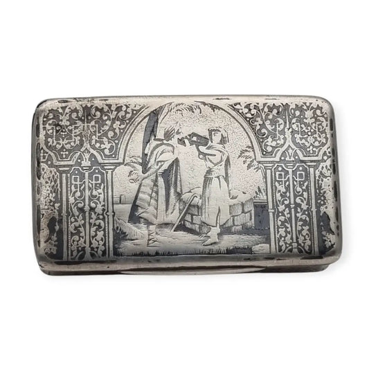 Caja antigua de rapé en plata y niello con escena orientalista grabada. Circa