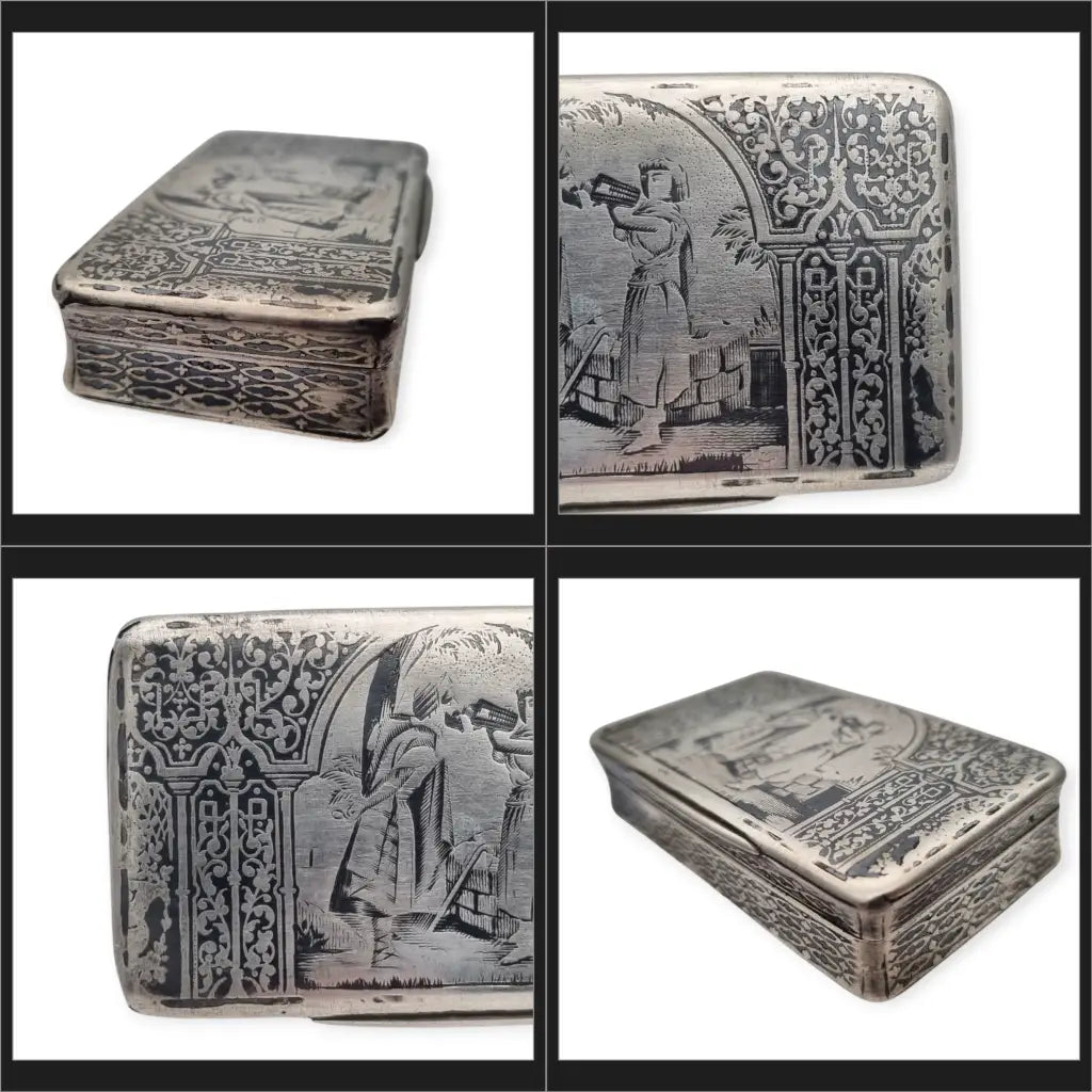Caja antigua de rapé en plata y niello con escena orientalista grabada. Circa