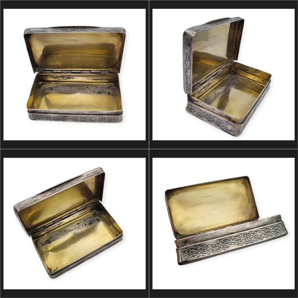 Caja antigua de rapé en plata y niello con escena orientalista grabada. Circa