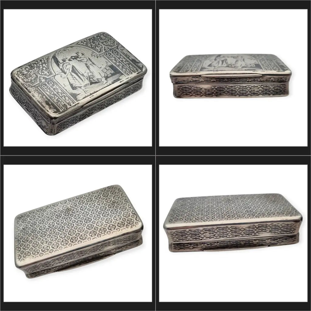 Caja antigua de rapé en plata y niello con escena orientalista grabada. Circa