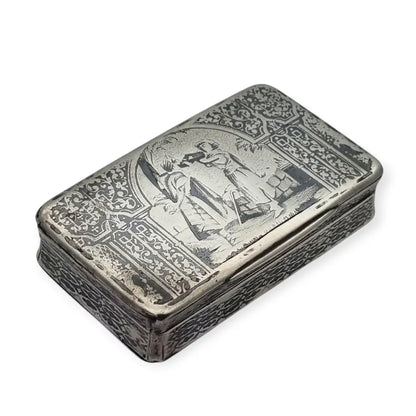Caja antigua de rapé en plata y niello con escena orientalista grabada. Circa