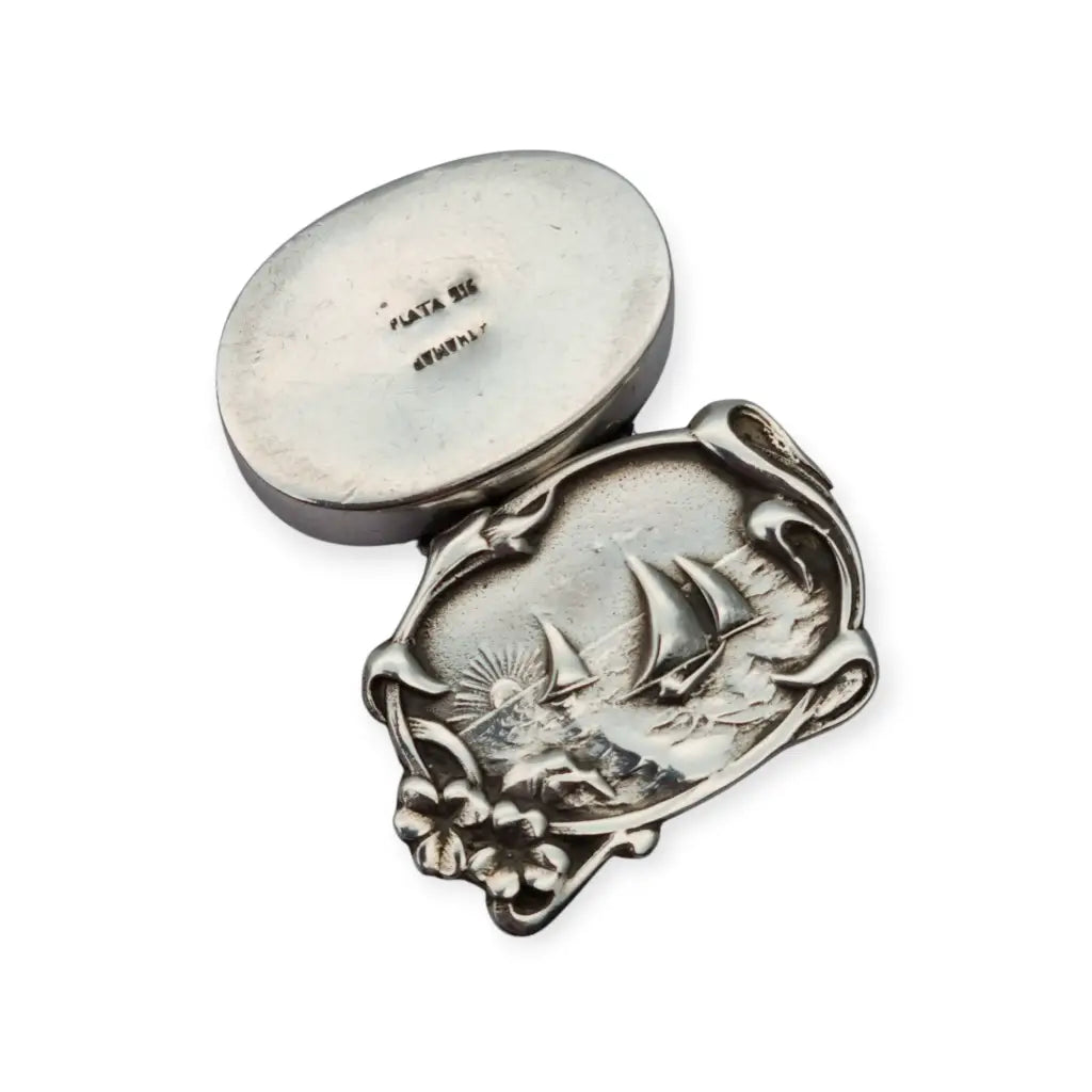 Caja ovalada de plata 915 con escena velero y flores estilo náutico Art