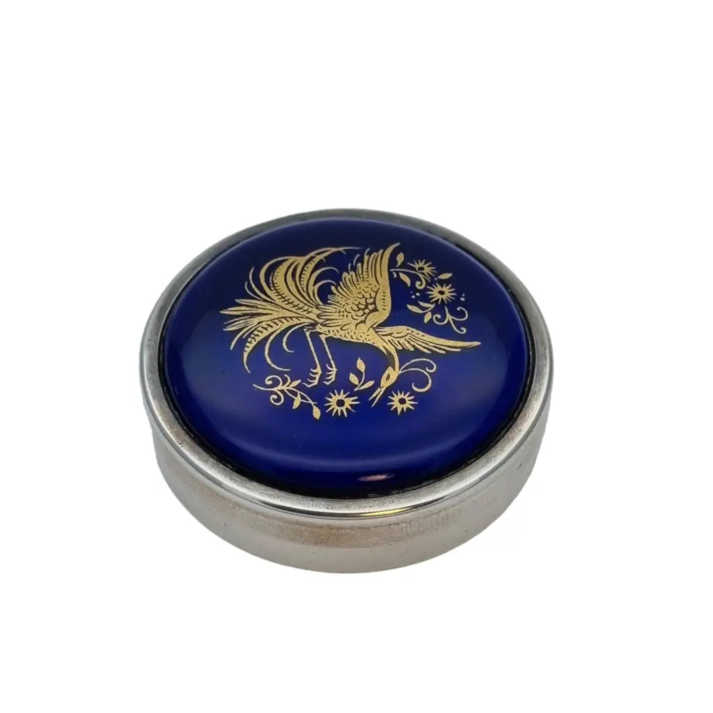 Caja de plata esmalte azul caja 925 decorada con pájaro dorado Circa