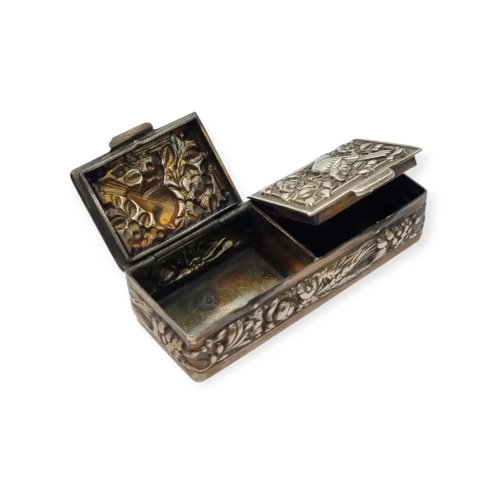 Caja rectangular antigua plata 925 pastillero doble tapa con pájaros repujados