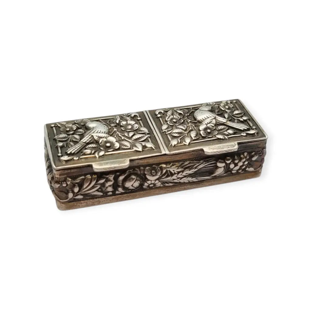 Caja rectangular antigua plata 925 pastillero doble tapa con pájaros repujados