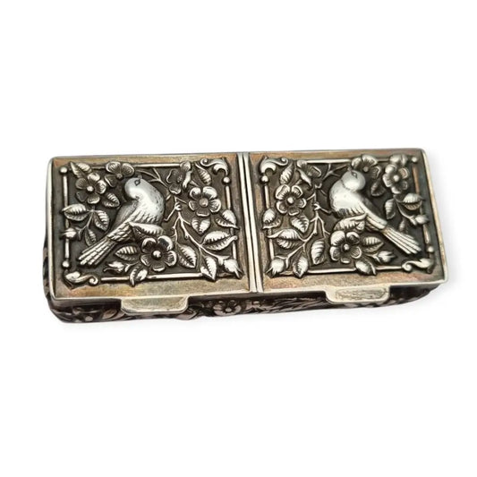 Caja rectangular antigua plata 925 pastillero doble tapa con pájaros repujados
