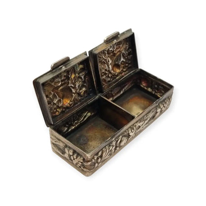 Caja rectangular antigua plata 925 pastillero doble tapa con pájaros repujados