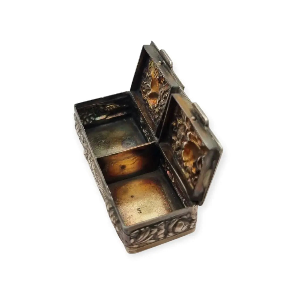 Caja rectangular antigua plata 925 pastillero doble tapa con pájaros repujados