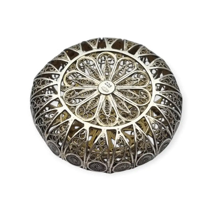 Caja vintage redonda de filigrana en plata 800 trabajo artesanal siglo XX.