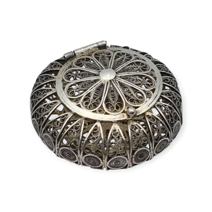 Caja vintage redonda de filigrana en plata 800 trabajo artesanal siglo XX.