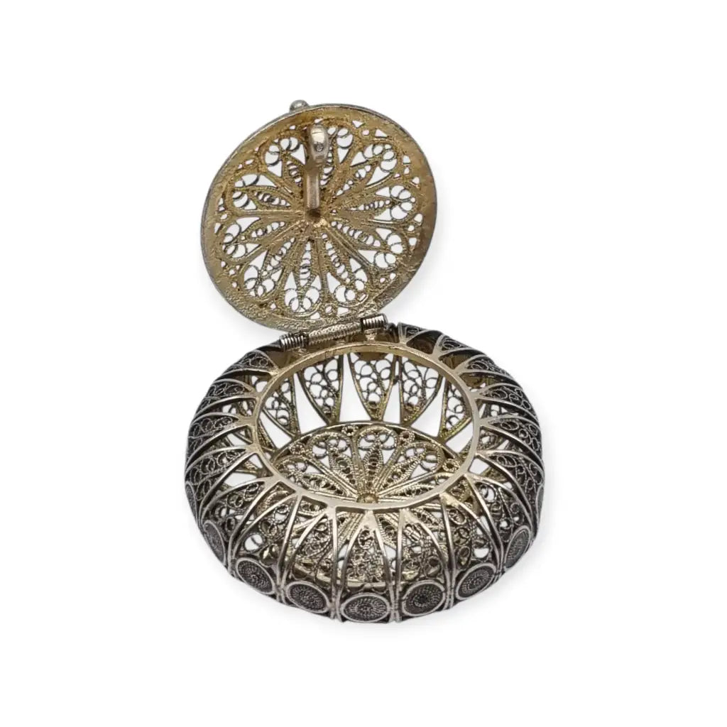 Caja vintage redonda de filigrana en plata 800 trabajo artesanal siglo XX.