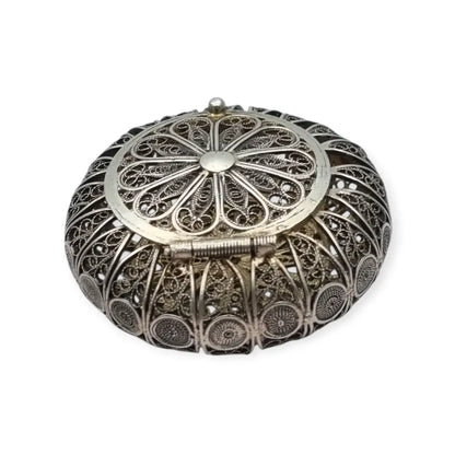 Caja vintage redonda de filigrana en plata 800 trabajo artesanal siglo XX.