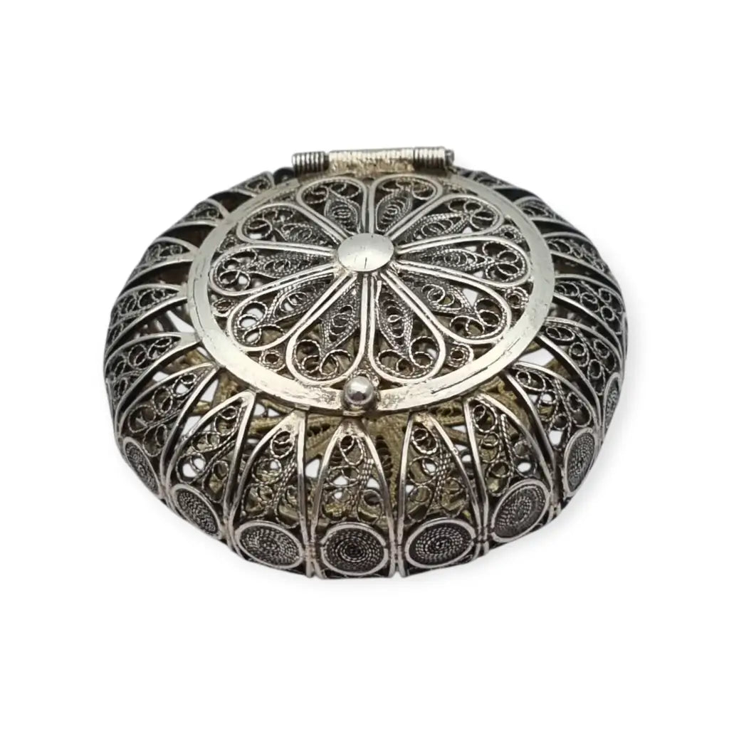 Caja vintage redonda de filigrana en plata 800 trabajo artesanal siglo XX.