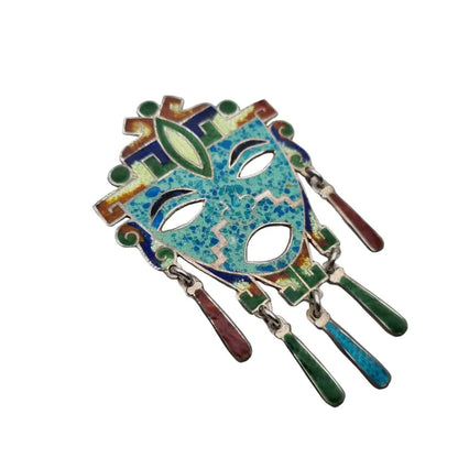 Broche Guerrero Tribal Mexicano 925 Plata Esmalte Guilloche Colgante Face Colors