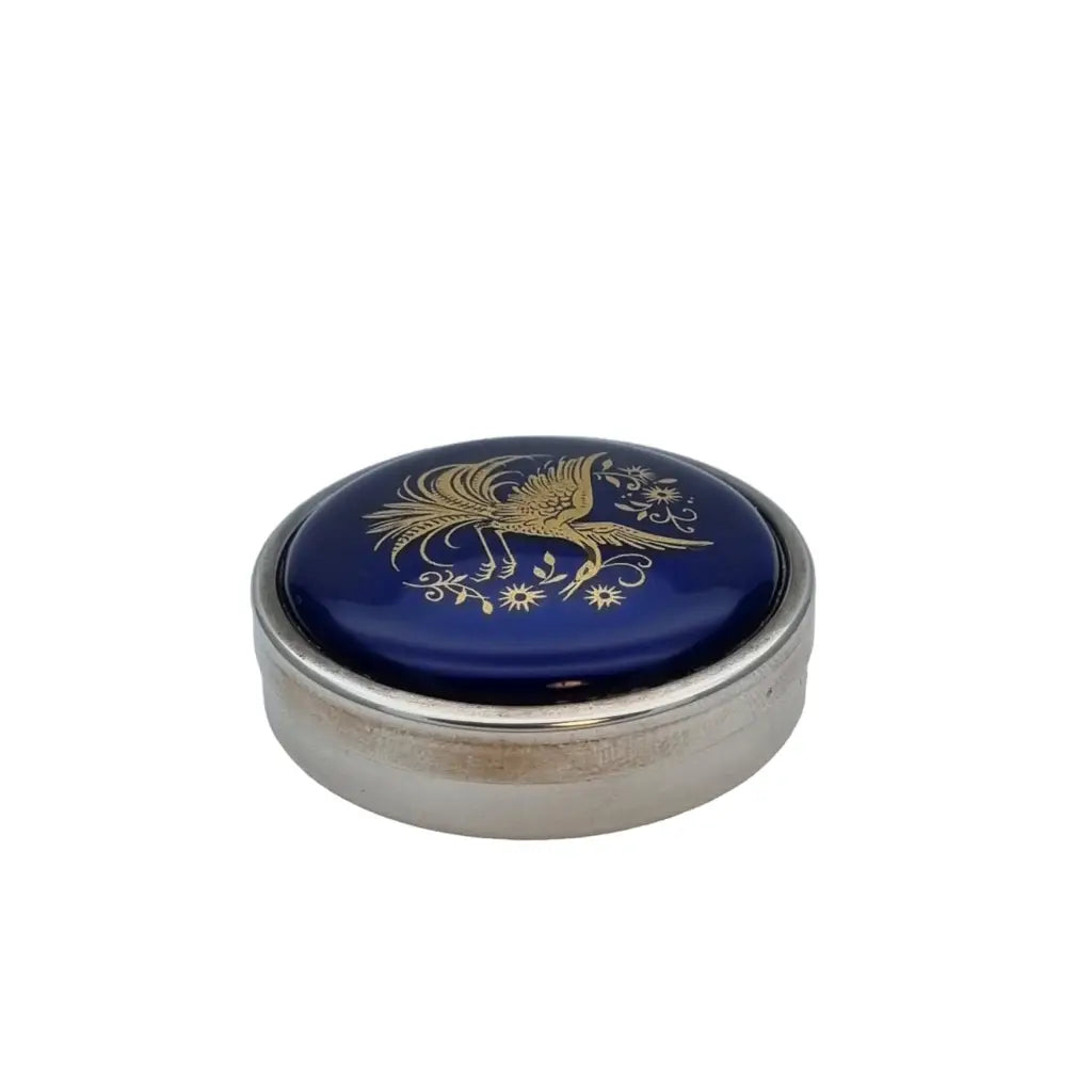 Caja de plata esmalte azul caja 925 decorada con pájaro dorado Circa