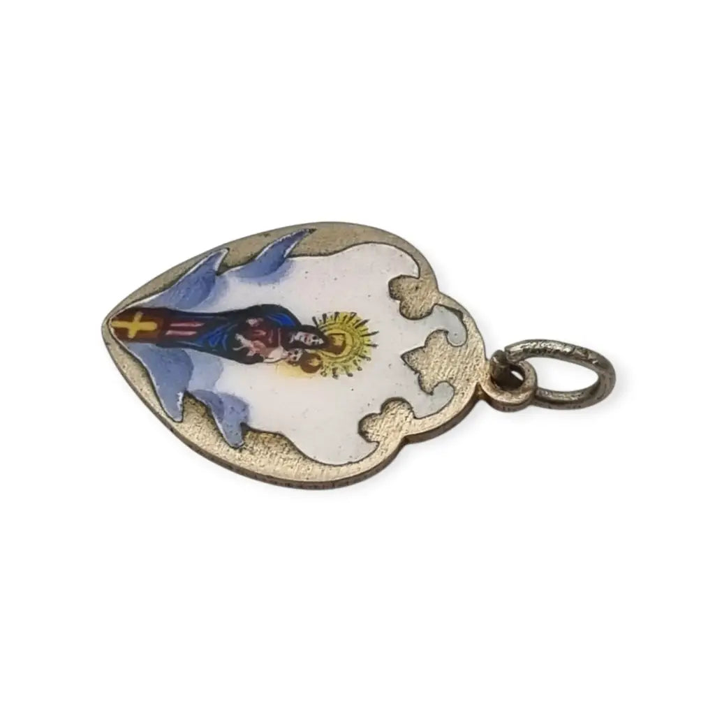 Colgante antiguo religioso en metal con esmalte pintado Virgen Niño siglo