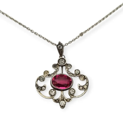 Colgante Belle Époque en plata 800 con cristal rosa y blanco diseño calado