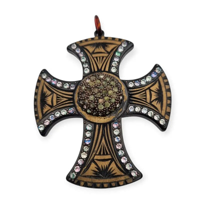 Colgante cruz art déco con incrustaciones y strass baquelita grabada años