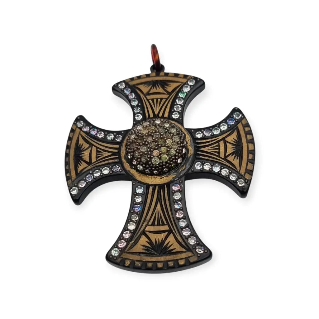 Colgante cruz art déco con incrustaciones y strass baquelita grabada años