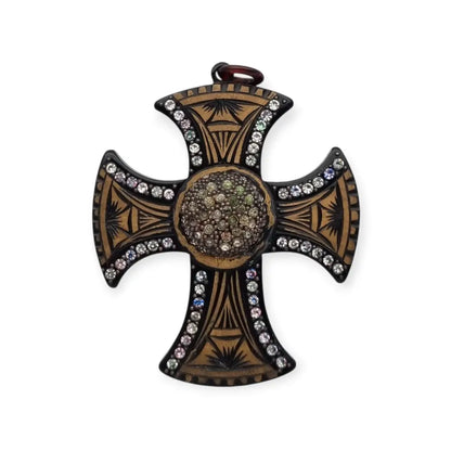 Colgante cruz art déco con incrustaciones y strass baquelita grabada años