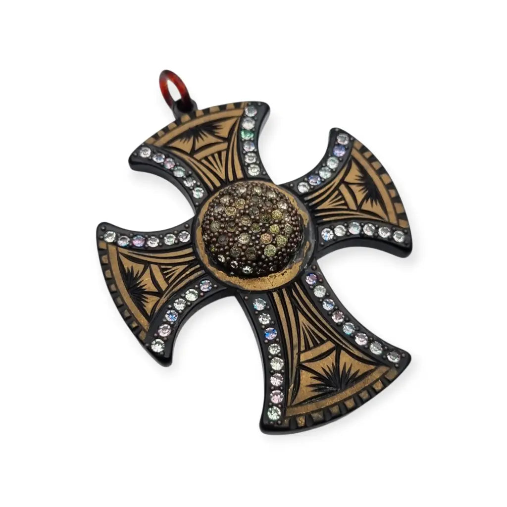 Colgante cruz art déco con incrustaciones y strass baquelita grabada años