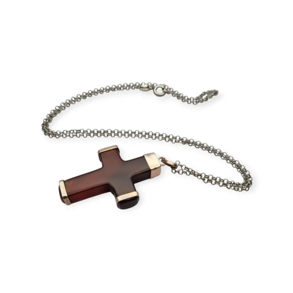 Colgante cruz vintage de ágata marrón en montura plata 925 artesanal diseño