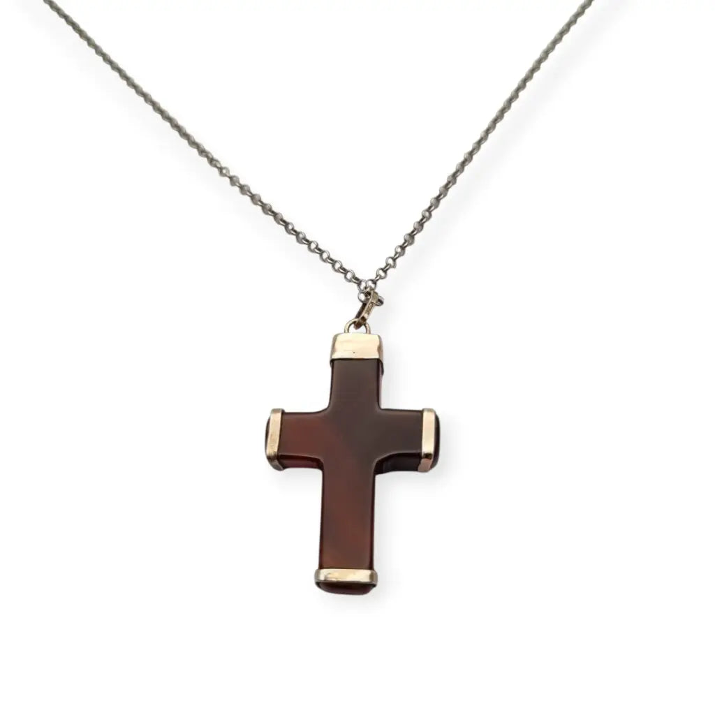 Colgante cruz vintage de ágata marrón en montura plata 925 artesanal diseño
