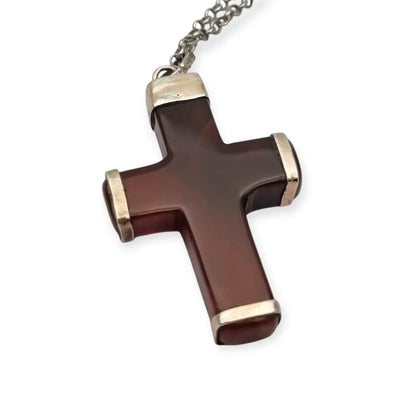 Colgante cruz vintage de ágata marrón en montura plata 925 artesanal diseño