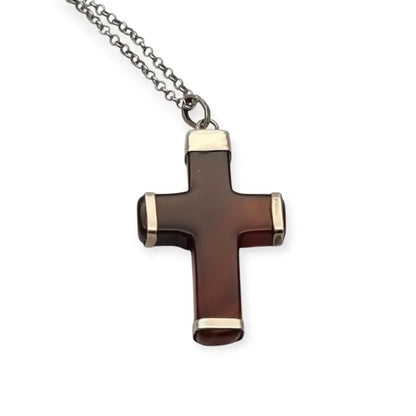 Colgante cruz vintage de ágata marrón en montura plata 925 artesanal diseño
