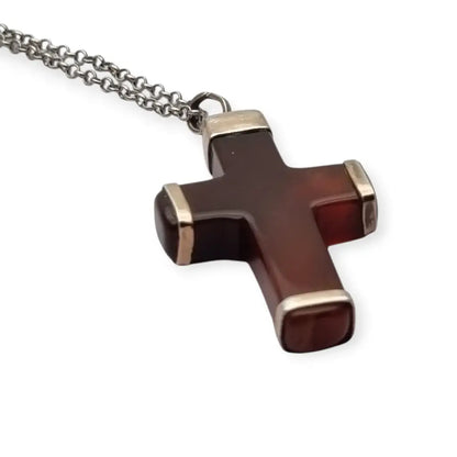 Colgante cruz vintage de ágata marrón en montura plata 925 artesanal diseño